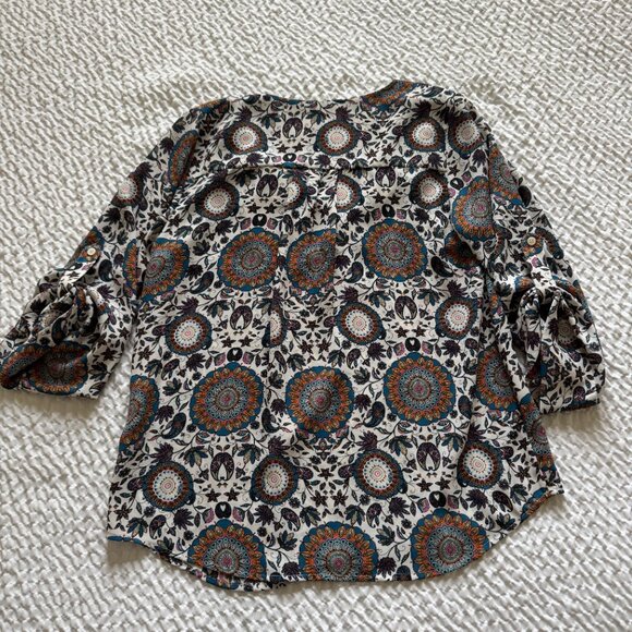 Paisley Print Split V-Neck, 3/4 Sleeve Blouse, Multicolor, Size Small - Picture 2 of 8